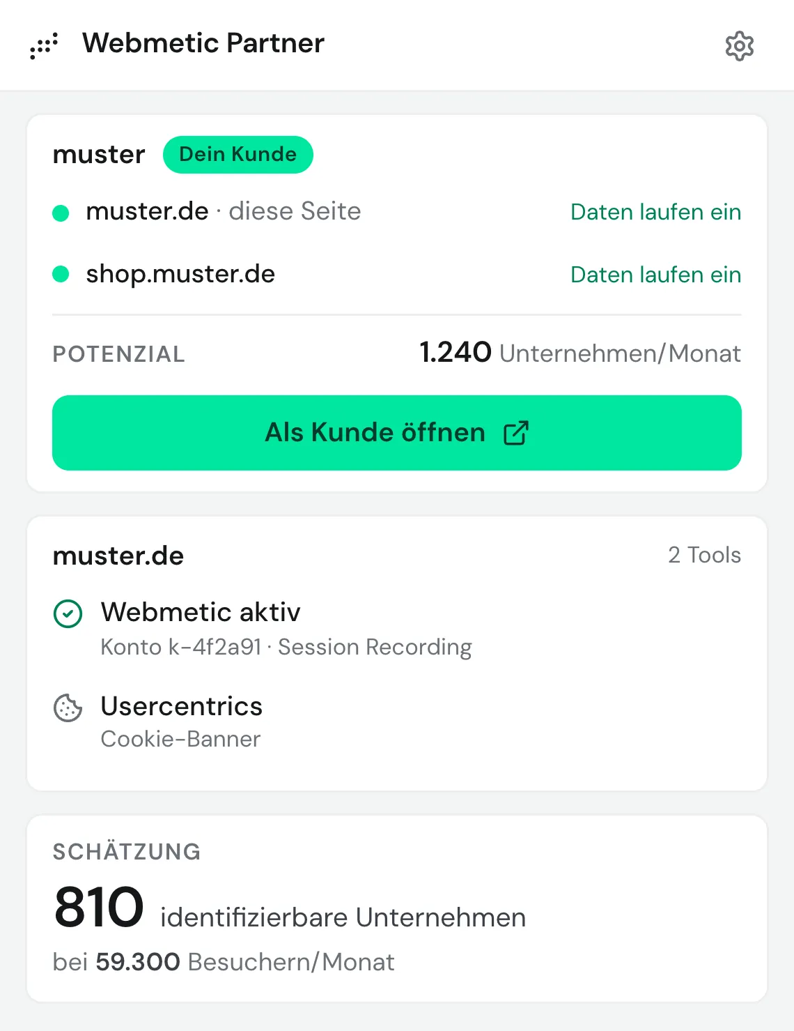 Erweiterung auf der Website eines bestehenden Kunden: Konto mit zwei Websites und Tracking-Status