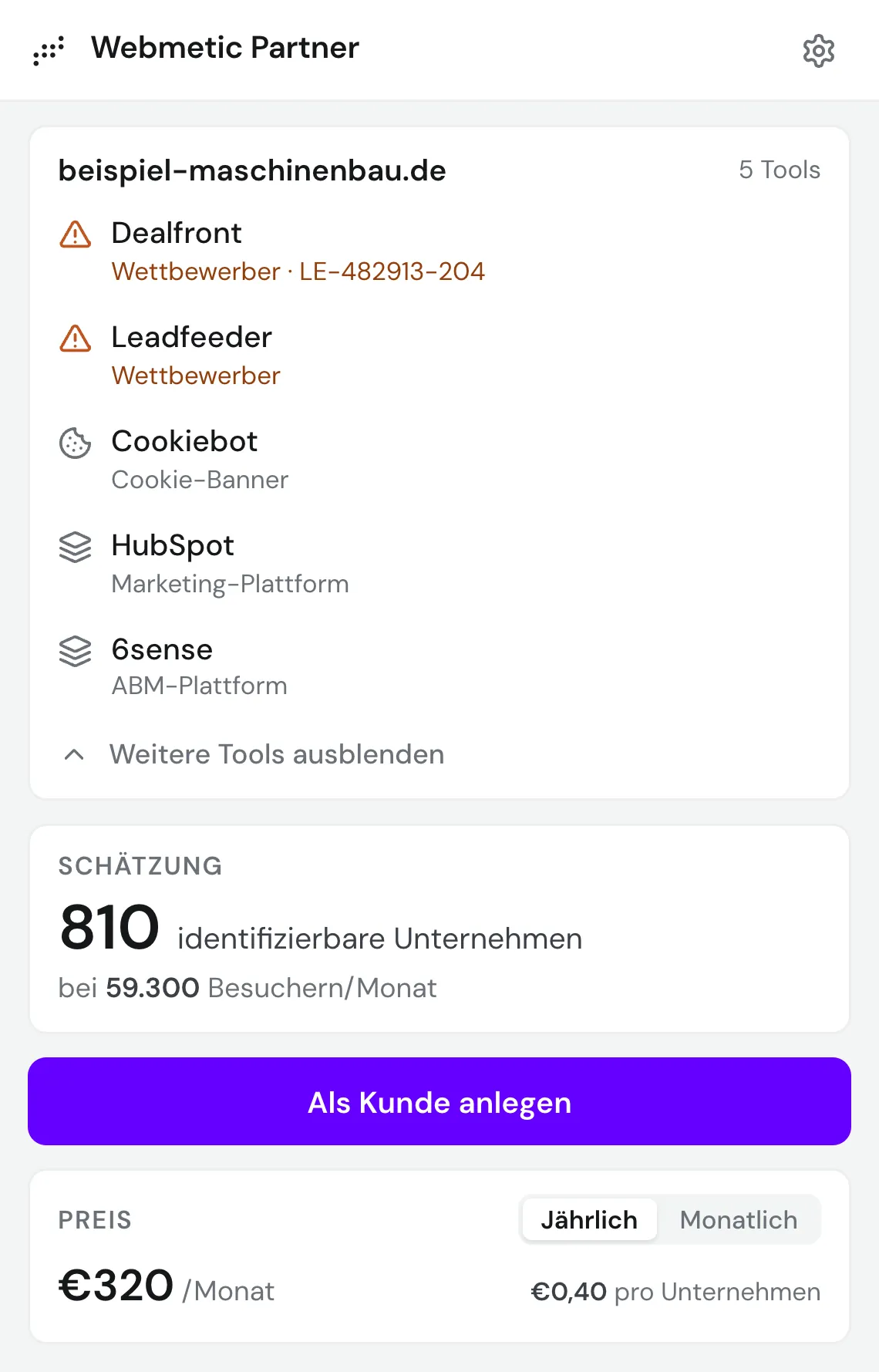 Aufgeklappte Werkzeugliste mit Dealfront und Leadfeeder als Wettbewerber, dazu Cookiebot, HubSpot und 6sense